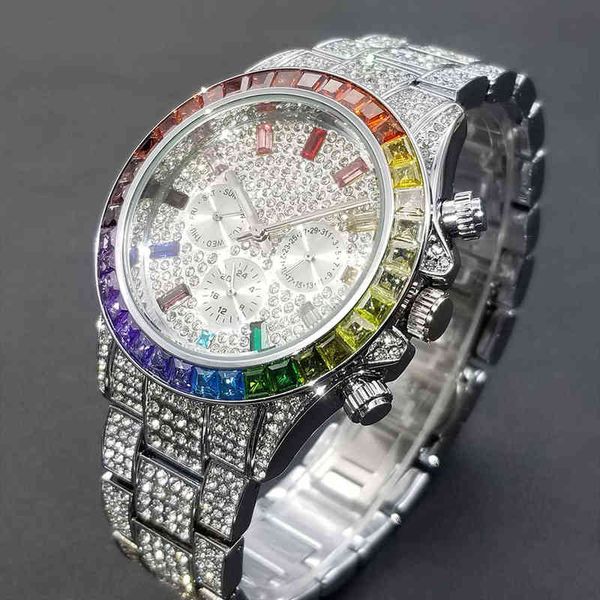 

iced out men wristwatch unique rainbow diamond hip hop watch fashion bling party male clock dropshipping rhinestone watches luxury designe, Slivery;brown