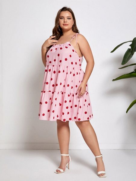 

plus polka dot frill trim knot shoulder ruffle hem cami dress x7a5#, Black