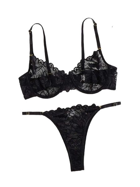 

floral lace underwire lingerie set i2yt#, Black;red