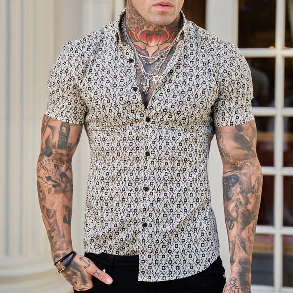 

summer casual slim fashion long sleeved printed shirt men's shirt, White;black