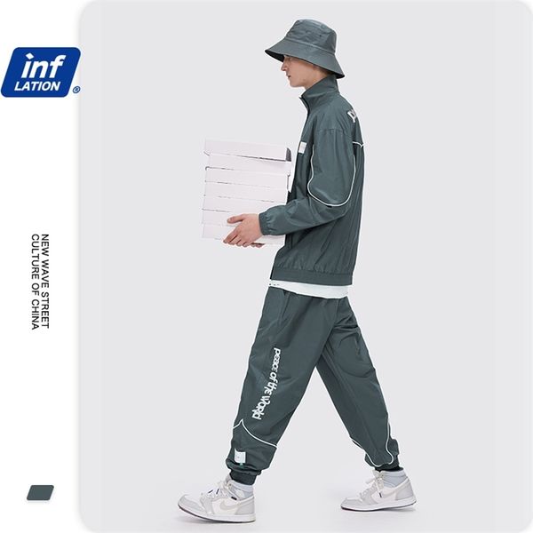 

inflation windbreaker suit tracksuit 2020 autumn two piece outfit reflective hip hop jacket men track pant lj201124, Gray