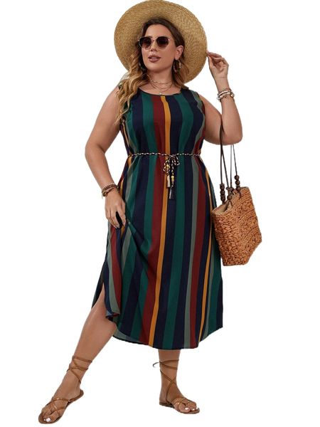 

plus colorful striped split side belted dress s3yx#, Black