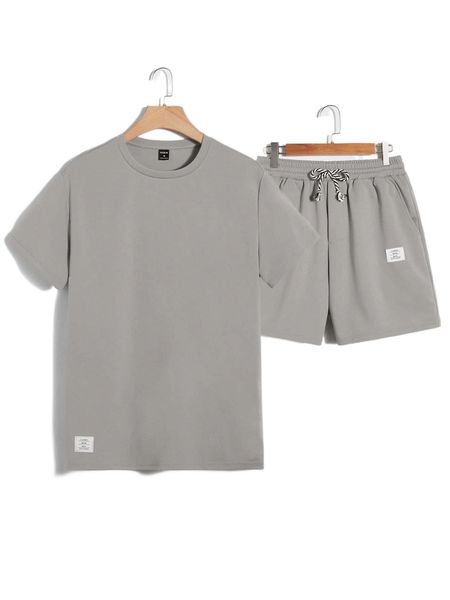 

men patched detail tee & drawstring waist shorts v4jn#, Gray