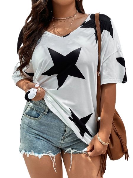 

plus star print drop shoulder tee z35a#, Black