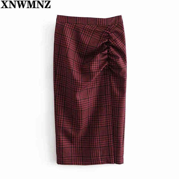 

xnwmnz za autumn winter vintage plaid skirt women high waist package hip pencilskirt fold effect front split long skirts alt 210513, Black