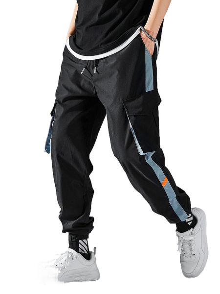 

men colorblock flap pocket side drawstring waist cargo pants l213#, Black