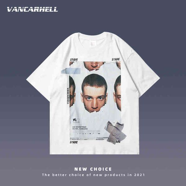 

short sleeve t-shirt men's trend fashion brand high street head painting design summer round neck couple women's top, White;black