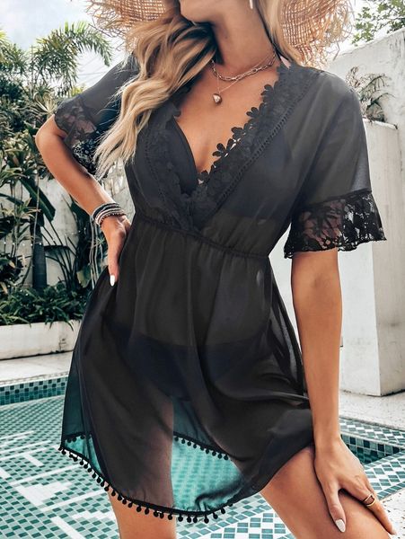 

appliques pompom cover up t6t5#, White;black