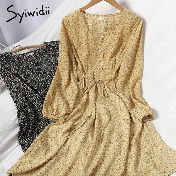 

fashion floral print high waist dresses women puff sleeve bow lace up square collar aline clothing summer korean 210415, Black;gray