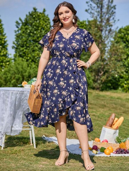 

plus allover floral print knot side wrap dress b23j#, Black