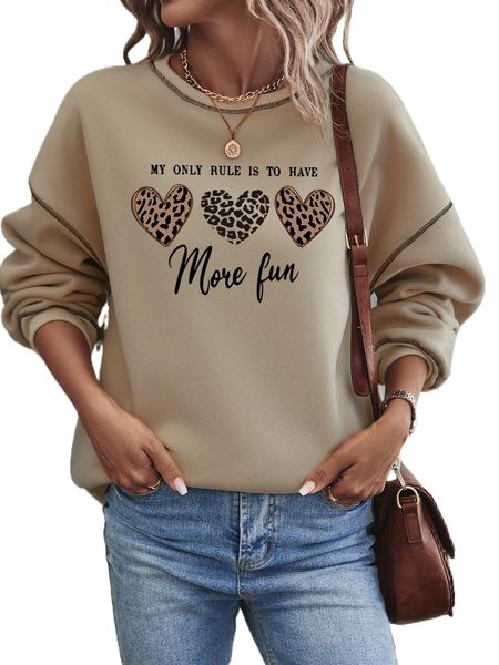 

slogan & leopard print drop shoulder sweatshirt m90y#, Black