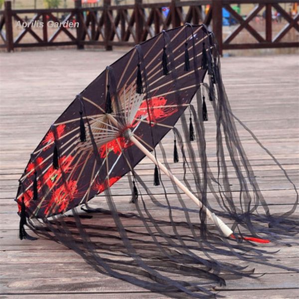 Panno di seta Ombrello di pizzo Costume da donna Pografia Puntelli Nappa Filato Parasole classico cinese di carta oleata 220426