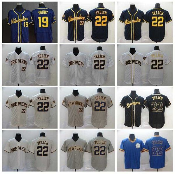 

men baseball 22 christian yelich jerseys 19 jackie bradley jr navy blue white black beige grey team color cooperstown pullover flexbase cool, Blue;black