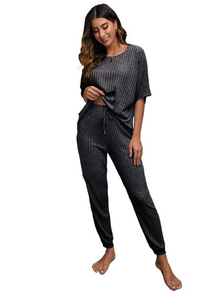 

ribbed knit dolman sleeve & pants lounge set x8nu#, Black;red