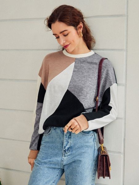 

simplee drop shoulder color block sweater l3u9#, White;black