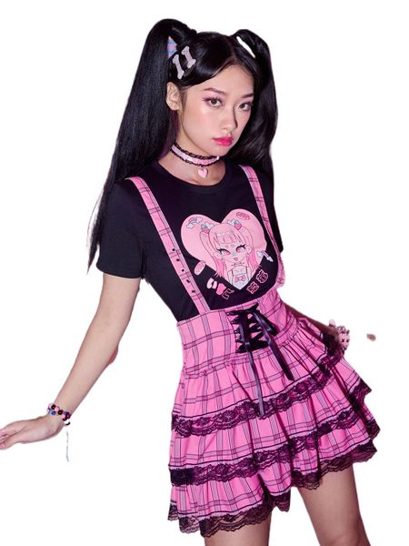 

romwe anime plaid contrast lace ruffle hem skirt x4hp#, Black