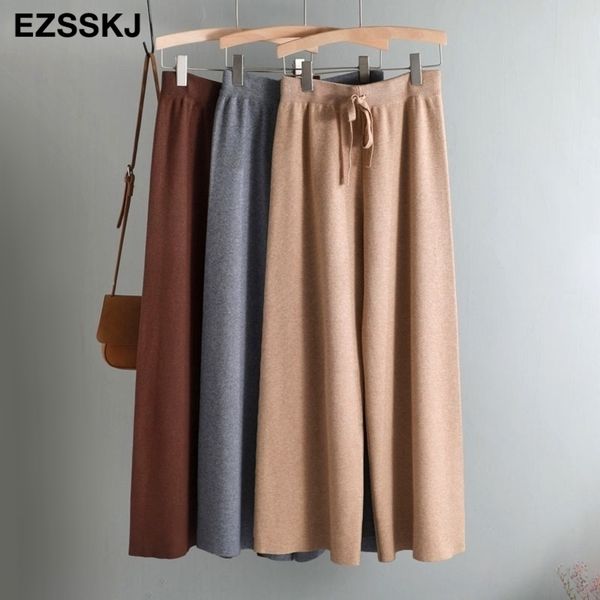 

autumn winter thick casual straight pant female drawstring loose knitted wide leg pants casual trousers y200113, Black;white