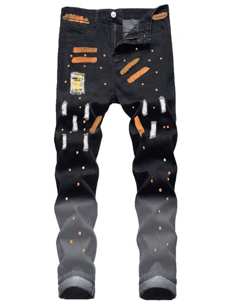 

romwe guys brush print ripped jeans w1lt#, Blue