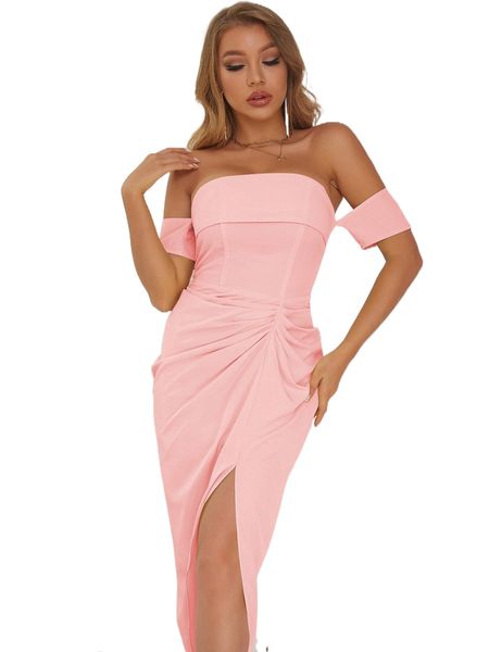 

d& off the shoulder ruched split thigh dress 96wv#, Black;gray