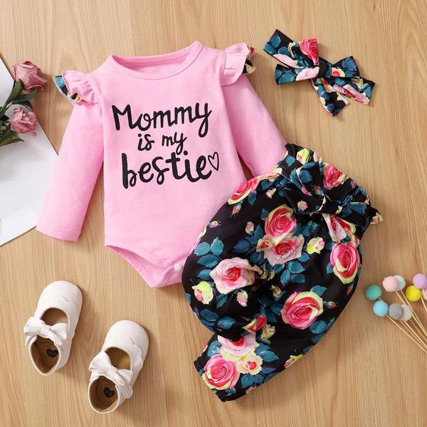 Set di abbigliamento Mamma Bambino Scarpe abbinate Neonati maschi Vestiti per ragazze Set Manica lunga Lettera Pagliaccetto Tuta Crop Tuta floreale Pantaloni Abbigliamento