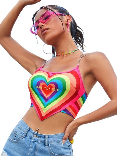

heart & slogan graphic rhinestone chain strap hanky hem cami e83u#, White