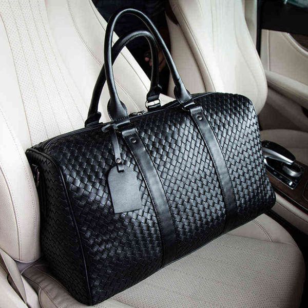 

duffel bags large capacity men travel bag shoulder duffle hand luggage tote woven pu leather black handbags bolso hombre 220728