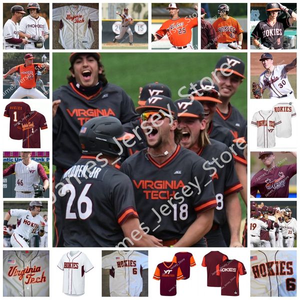 

2022 ncaa custom virginia tech hokies baseball jersey 48 joe saunders 81 mike williams 26 toby atwell 78 wyatt toregas 33 george canale 22 f, Black