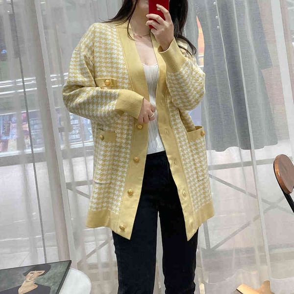 

women's knits & tees fadan s family spring 21 thousand bird check v-neck loose college style knitted cardigan women's sweater larg, White