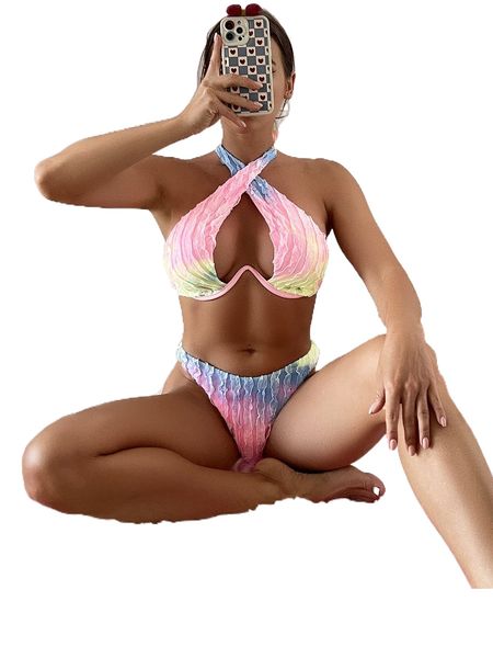 

tie dye lettuce trim underwire halter bikini swimsuit r1io#, White;black