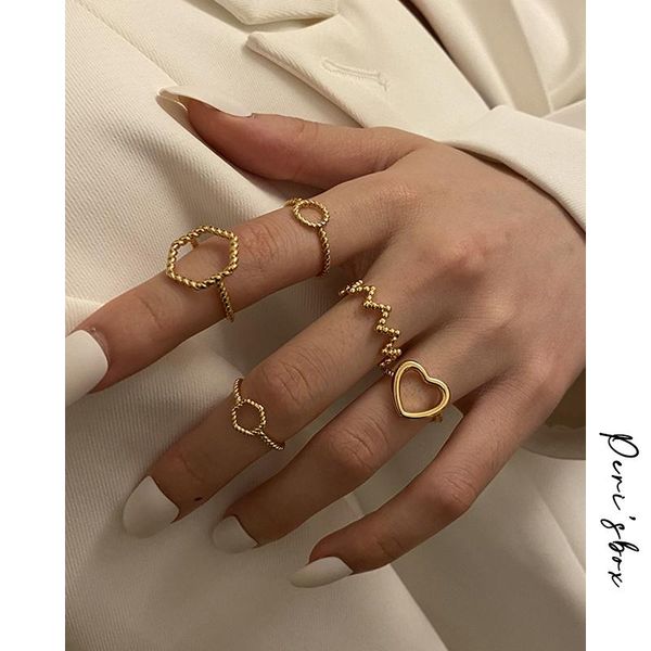 

cluster rings peri'sbox dainty simple solid gold color wave heart round hexagon twisted thin ring for women minimal jewelry gifts, Golden;silver