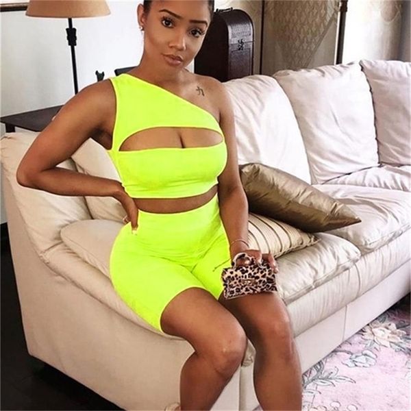 KLIOU Classic Women Neon Color Duas peças do ombro de ombro Hollow Out Crop Top Elastic High Shorts Roupas de traje de traje Summer 220509