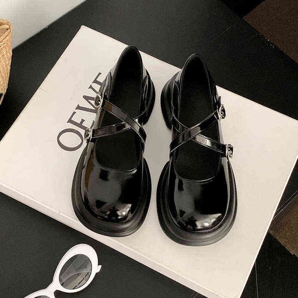 

hbp dress shoes high heels autumn new round head mary jane cross belt bucket small leather shoes college style women loafers 220726, Black