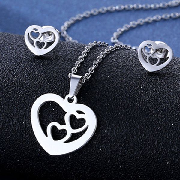 

simple small love necklace ear stud set peach heart shaped pendant clavicle chain south american accessories wild jewelry, Silver