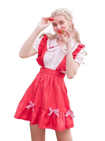 

kawaii ruffle trim bow front pinafore skirt p1aw#, Black