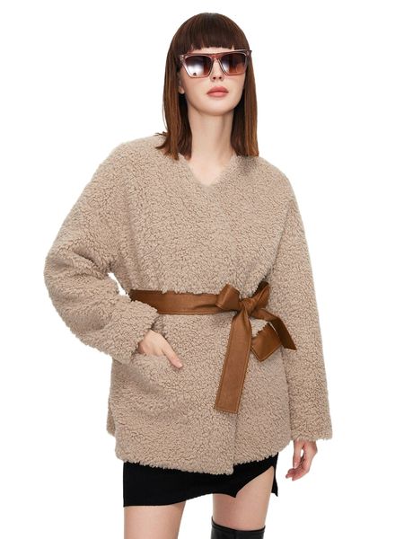 

ziai solid pocket detail belted shearling coat 137b#, Black