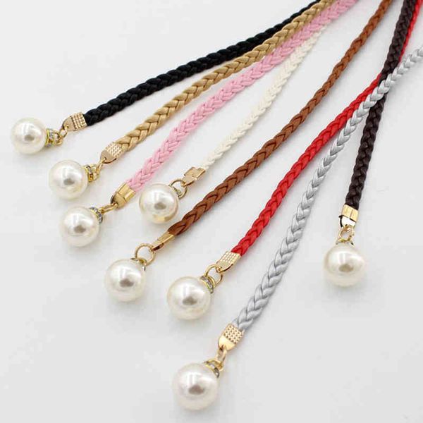 

fashion thin pu leather belt simulated pearl elastic waist belts women dress skirt decoration fashion girles gifts women belt y220419, Black;brown