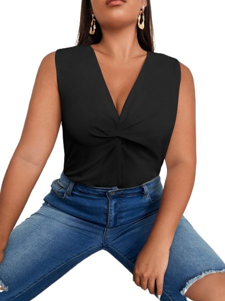 

plus twist front sleeveless blouse 54rl#, Black