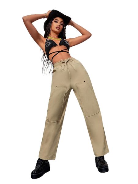 

drawstring waist patched pocket pants j5e7#, Black;white