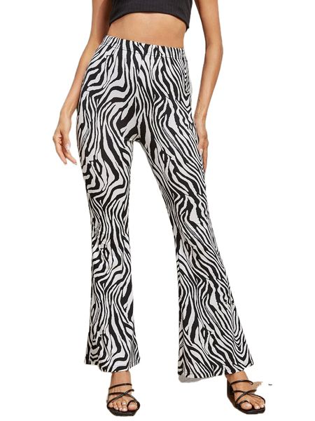 

zebra stripe print elastic waist flare leg pants r2oz#, Black;white
