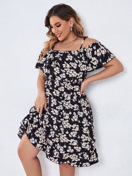 

plus allover floral print cold shoulder ruffle trim dress 70ml#, Black