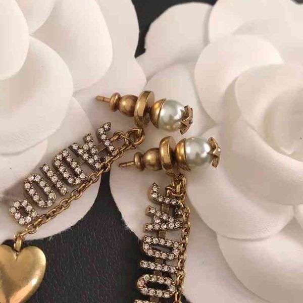 

letter tassel love pearl earrings female old heart earrings, Golden