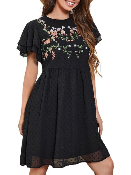 

floral embroidery swiss dot butterfly sleeve chiffon dress 1104#, Black;gray