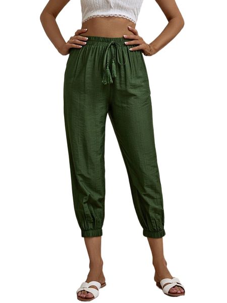 

solid tie front tapered pants z7ro#, Black;white