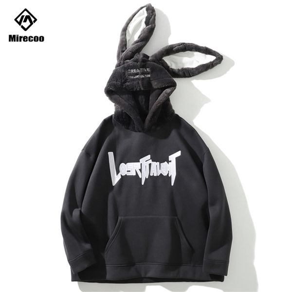 

rabbit ears men hip hop hoodie sweatshirt letter fleece hoodie streetwear casual black hooded pullover cotton autumn lj200826