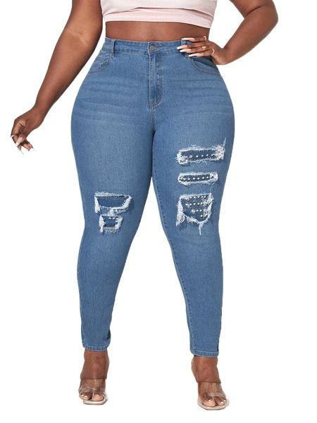 

plus ripped rhinestone decor jeans d0gl#, Blue