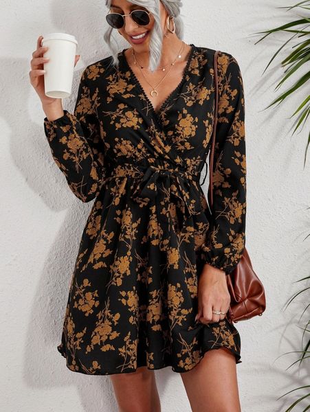 

floral surplice neck lantern sleeve belted dress q7iz#, Black;gray