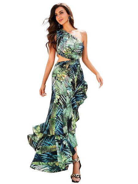 

love&lemonade tropical print one shoulder cut out asymmetrical hem dress t3bc#, Black;gray