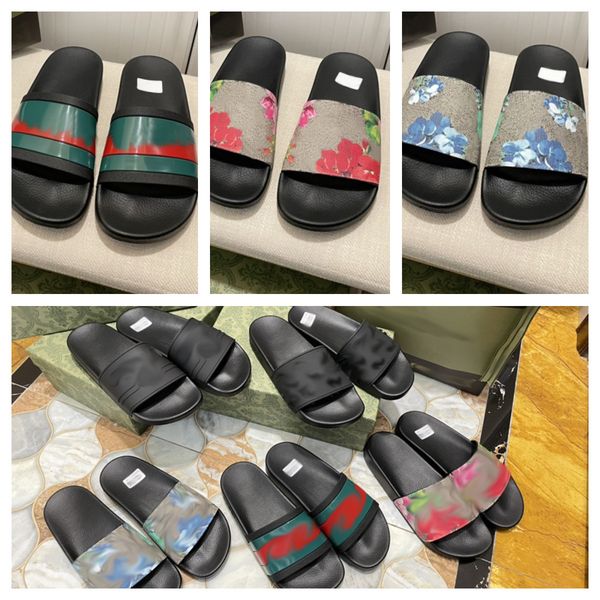 

2022 designer slides mens women slippers luxury summer sandals beach sliders flat platform floral brocade snake print ladies bee sandali bat, Black