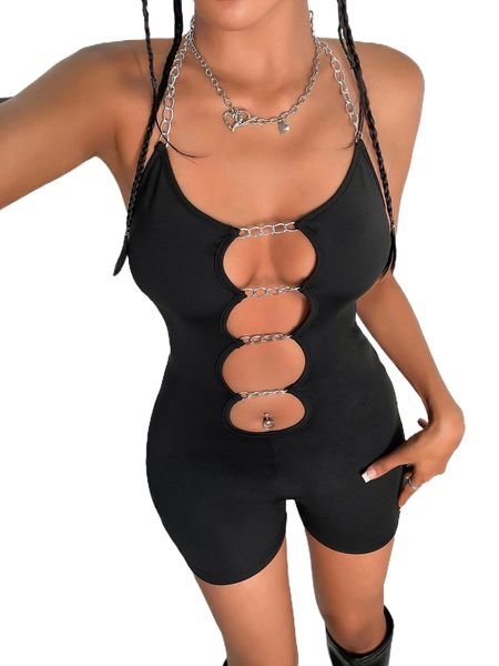 

chain detail cut out tie back unitard halter romper f7ad#, Black;white