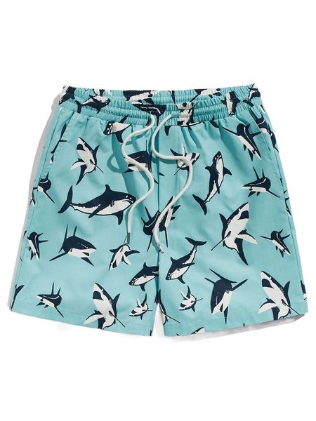 

men shark print drawstring waist shorts k5sw#, White;black